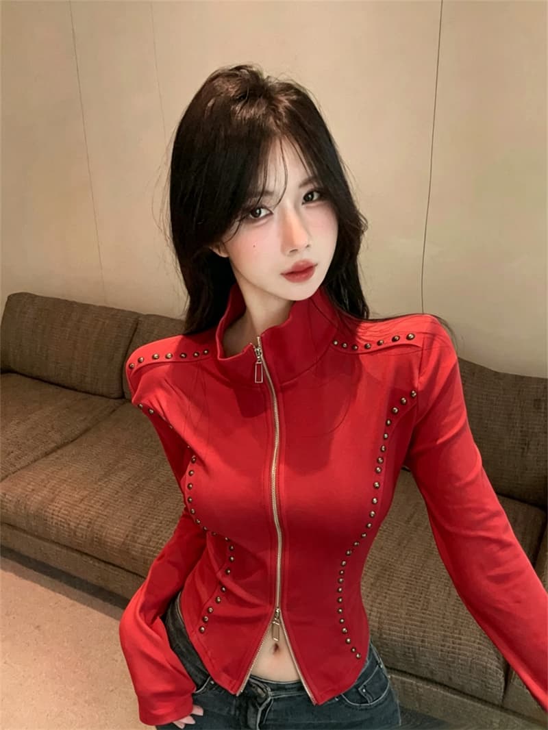 실사 봄 가을 느긋한 바람 폴로 칼라 패치워크 무거운 작업 지퍼 섹션 몸매 가꾸기 불규칙 외국 가스 벨트 어깨 패드 핫걸 티셔츠