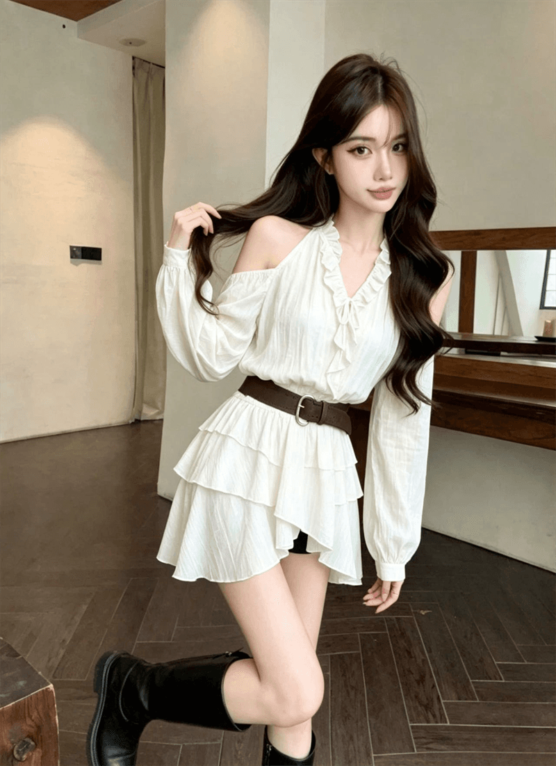 실사 새로운 프랑스식 오프숄더 프릴 허리 수축 벨트 슬림해 보이는 드레스 상세 이미지 3