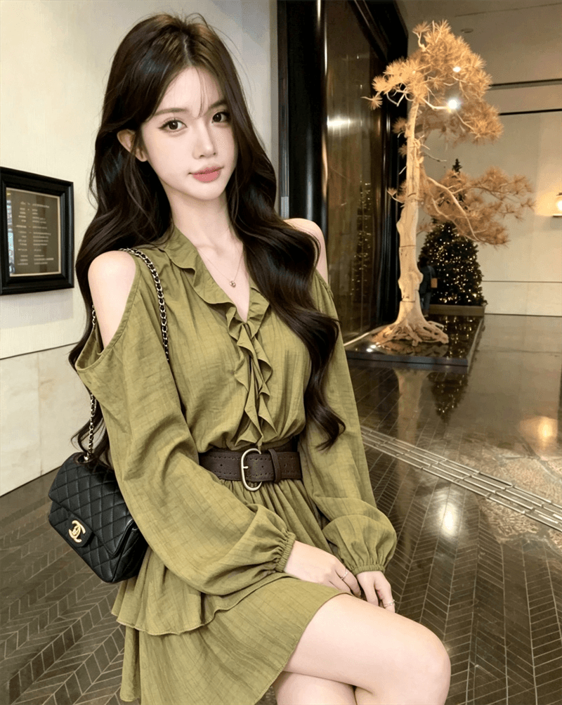 실사 새로운 프랑스식 오프숄더 프릴 허리 수축 벨트 슬림해 보이는 드레스 상세 이미지 7
