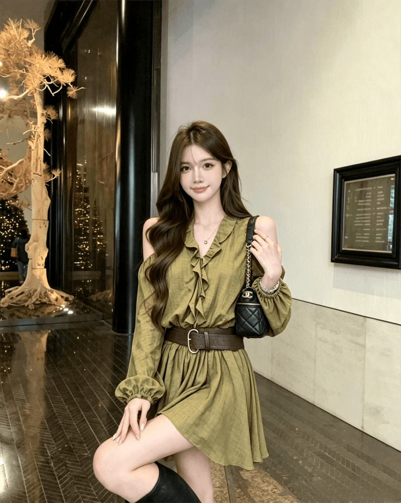 실사 새로운 프랑스식 오프숄더 프릴 허리 수축 벨트 슬림해 보이는 드레스 상세 이미지 16