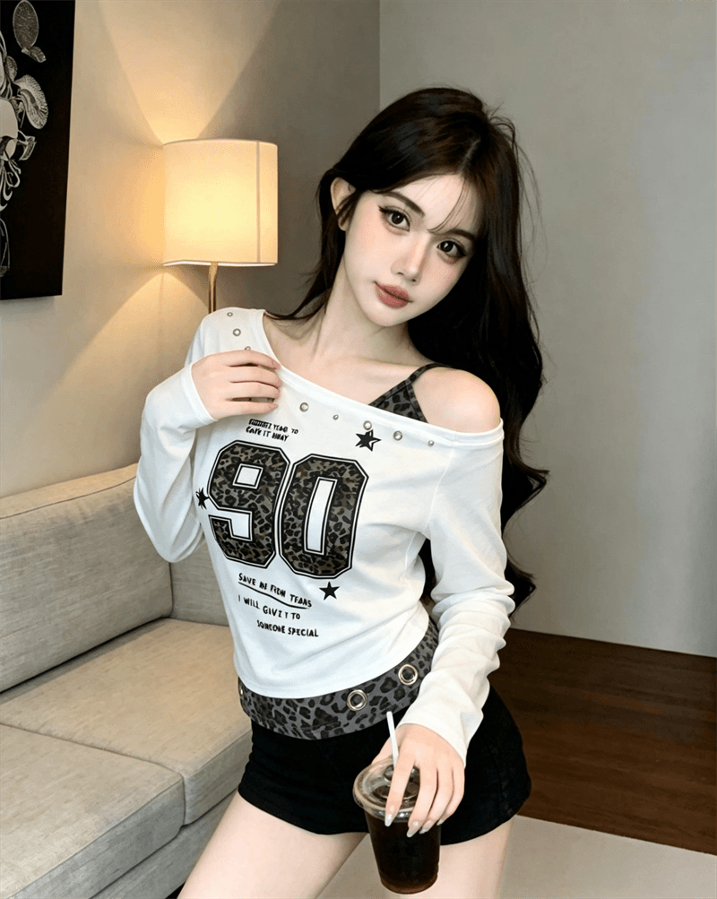실사 가을 비스듬한 칼라 패치워크 레오파드 무늬 쇼트 스타일 몸매 가꾸기 긴팔 불규칙 맨위 핫걸 펌프 Pleat 페이크 레이어드 티셔츠 상세 이미지 4