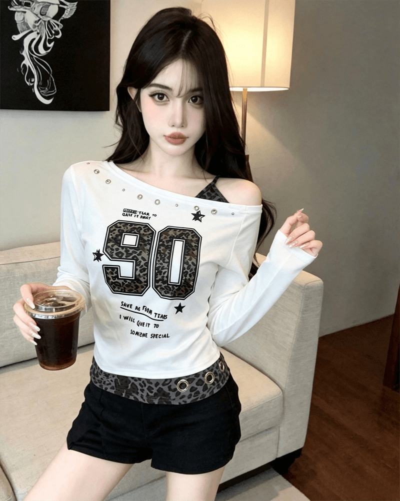 실사 가을 비스듬한 칼라 패치워크 레오파드 무늬 쇼트 스타일 몸매 가꾸기 긴팔 불규칙 맨위 핫걸 펌프 Pleat 페이크 레이어드 티셔츠 상세 이미지 5