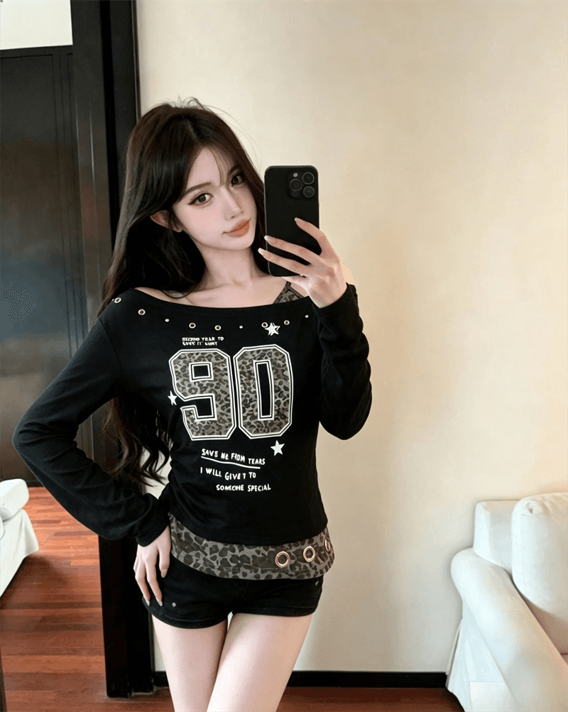 실사 가을 비스듬한 칼라 패치워크 레오파드 무늬 쇼트 스타일 몸매 가꾸기 긴팔 불규칙 맨위 핫걸 펌프 Pleat 페이크 레이어드 티셔츠 상세 이미지 9