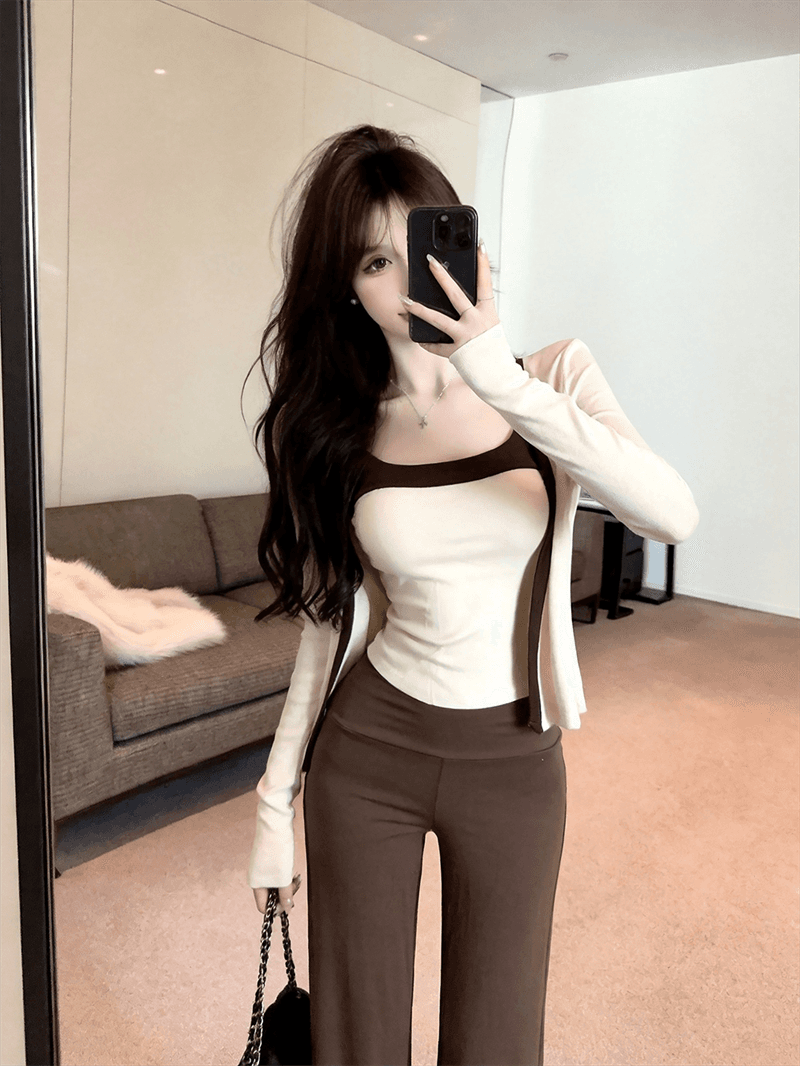 실사 가을 섹시함 허리 수축 백리스 쇼트 스타일 캐미솔 긴팔 핫걸 쇼트 스타일 숄 패치워크 색상 투피스 세트 상세 이미지 3