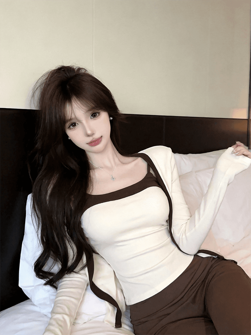 실사 가을 섹시함 허리 수축 백리스 쇼트 스타일 캐미솔 긴팔 핫걸 쇼트 스타일 숄 패치워크 색상 투피스 세트 상세 이미지 4