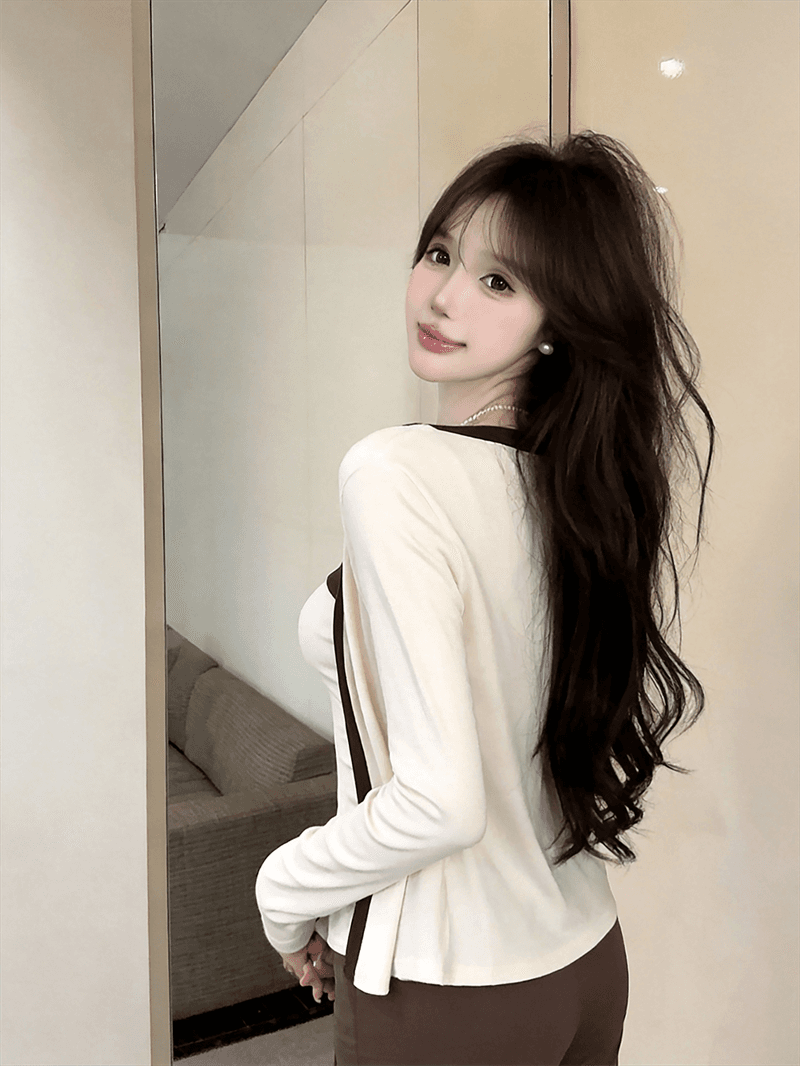 실사 가을 섹시함 허리 수축 백리스 쇼트 스타일 캐미솔 긴팔 핫걸 쇼트 스타일 숄 패치워크 색상 투피스 세트 상세 이미지 6