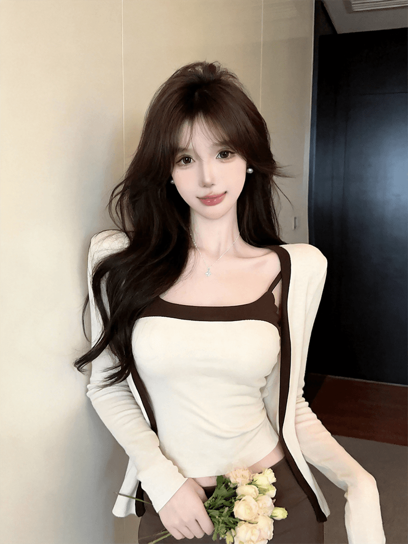 실사 가을 섹시함 허리 수축 백리스 쇼트 스타일 캐미솔 긴팔 핫걸 쇼트 스타일 숄 패치워크 색상 투피스 세트 상세 이미지 8