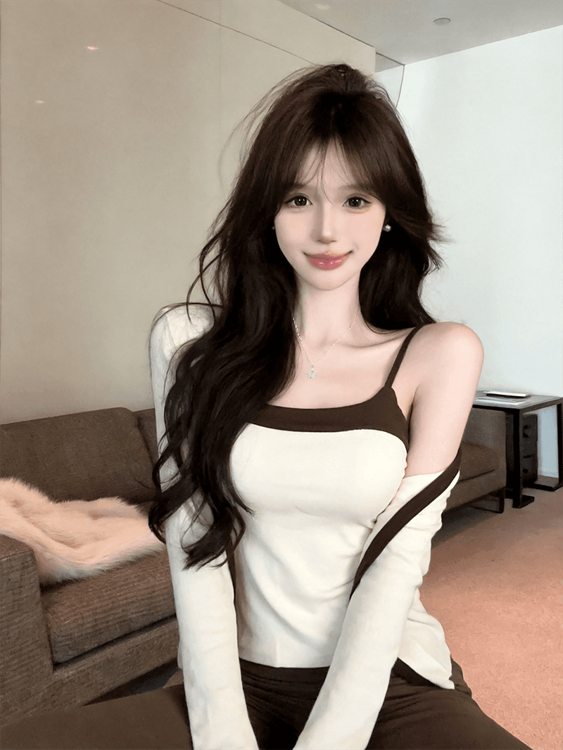 실사 가을 섹시함 허리 수축 백리스 쇼트 스타일 캐미솔 긴팔 핫걸 쇼트 스타일 숄 패치워크 색상 투피스 세트 상세 이미지 10