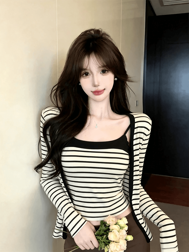 실사 가을 섹시함 허리 수축 백리스 쇼트 스타일 캐미솔 긴팔 핫걸 쇼트 스타일 숄 패치워크 색상 투피스 세트 상세 이미지 22
