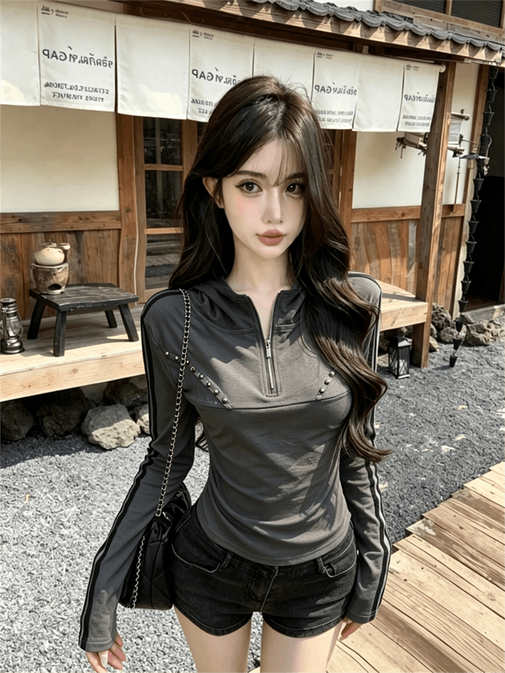 실사 가을 한국 스타일 반 개방 칼라 패치워크 당겨서 사슬 몸매 가꾸기 배색 핫걸 쇼트 스타일 후드 풀오버 캐주얼 티셔츠 이미지 3