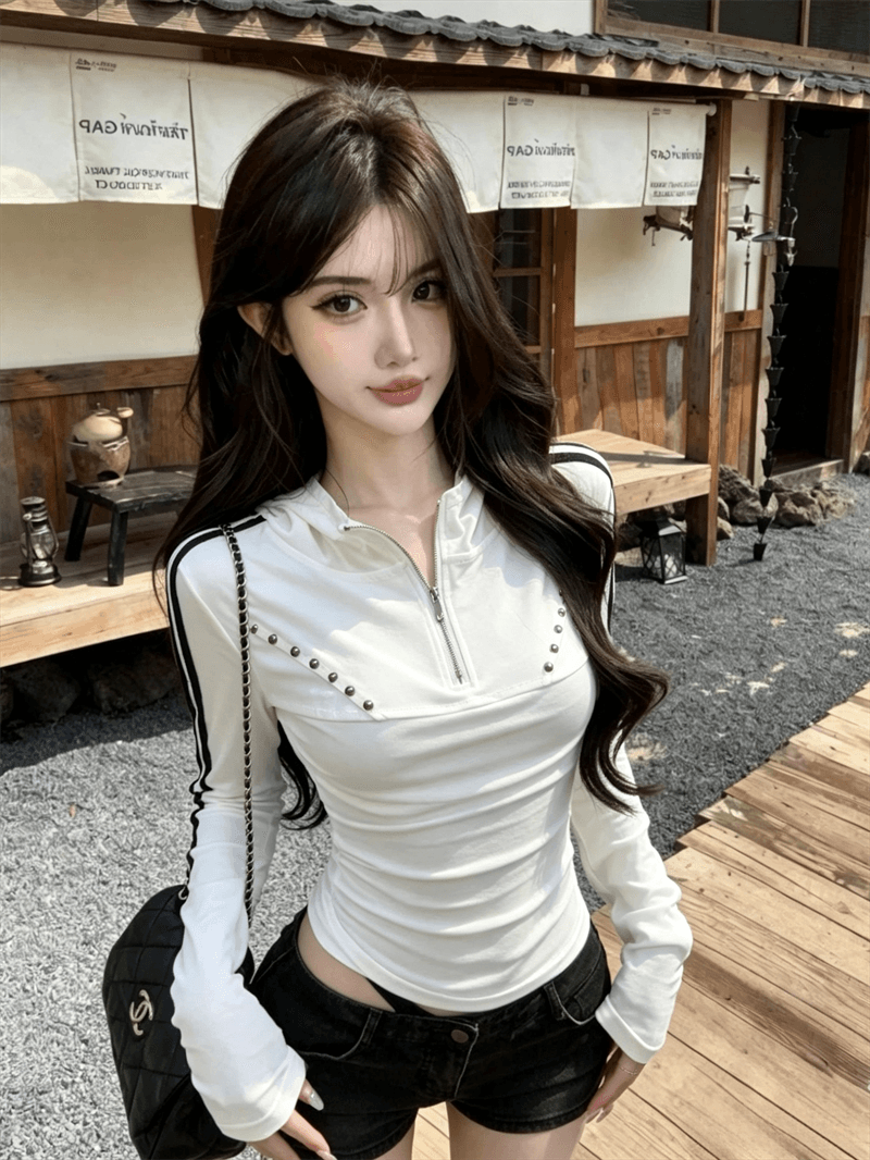 실사 가을 한국 스타일 반 개방 칼라 패치워크 당겨서 사슬 몸매 가꾸기 배색 핫걸 쇼트 스타일 후드 풀오버 캐주얼 티셔츠 상세 이미지 2