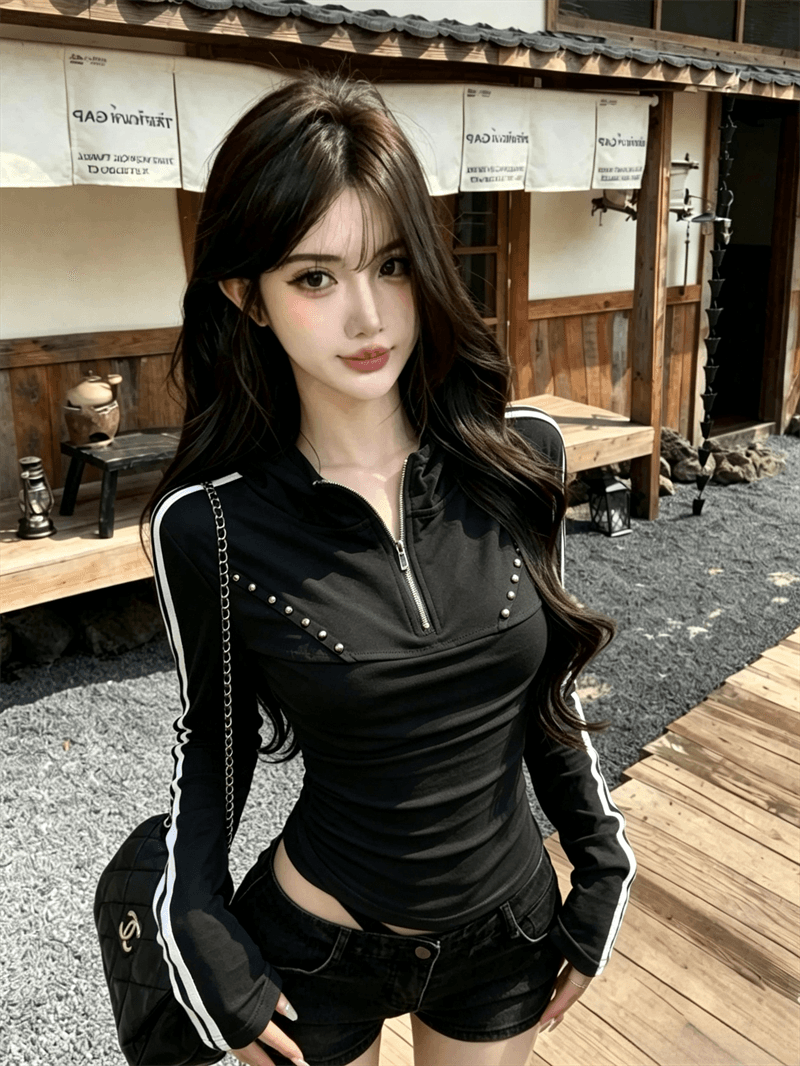 실사 가을 한국 스타일 반 개방 칼라 패치워크 당겨서 사슬 몸매 가꾸기 배색 핫걸 쇼트 스타일 후드 풀오버 캐주얼 티셔츠 상세 이미지 10