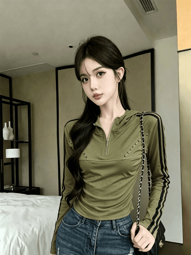 실사 가을 한국 스타일 반 개방 칼라 패치워크 당겨서 사슬 몸매 가꾸기 배색 핫걸 쇼트 스타일 후드 풀오버 캐주얼 티셔츠 상세 이미지 14