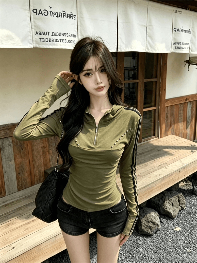 실사 가을 한국 스타일 반 개방 칼라 패치워크 당겨서 사슬 몸매 가꾸기 배색 핫걸 쇼트 스타일 후드 풀오버 캐주얼 티셔츠 상세 이미지 15