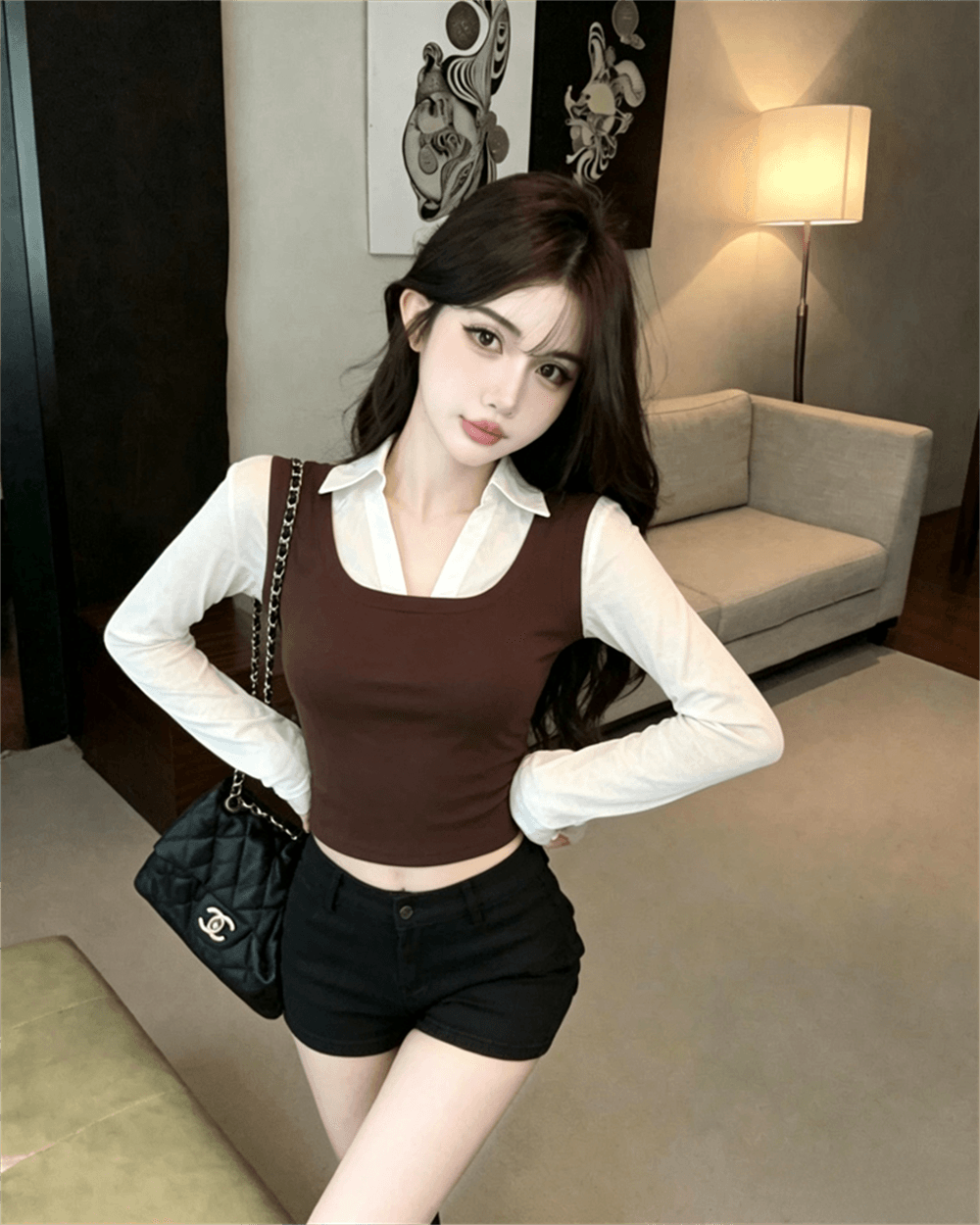 실사 봄 가을 한국 스타일 POLO 칼라 패치워크 조끼 몸매 가꾸기 페이크 레이어드 수 있습니다. 소금 수 있습니다. 달콤한 셔츠 소매 쇼트 스타일 티셔츠 이미지 2