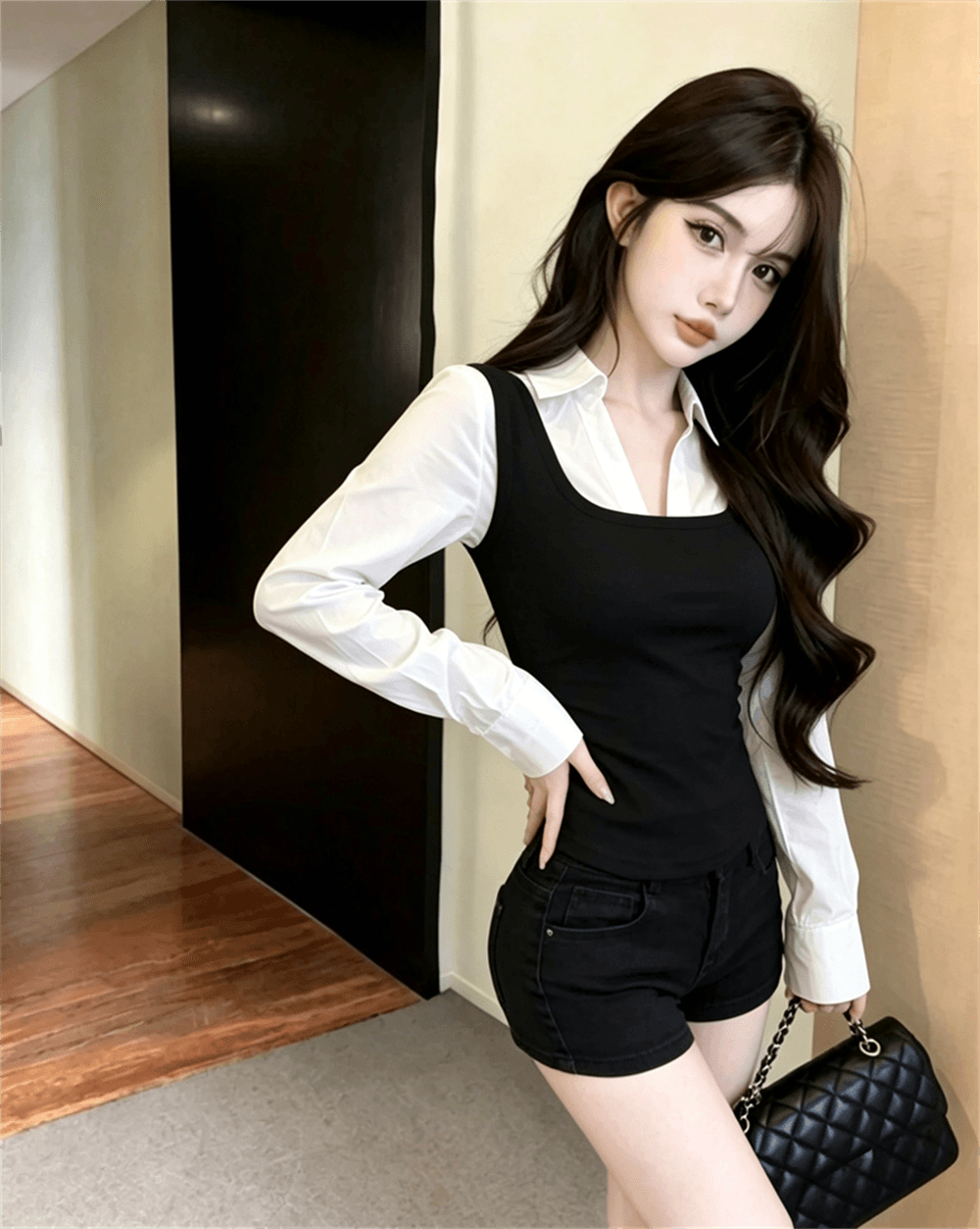 실사 봄 가을 한국 스타일 POLO 칼라 패치워크 조끼 몸매 가꾸기 페이크 레이어드 수 있습니다. 소금 수 있습니다. 달콤한 셔츠 소매 쇼트 스타일 티셔츠