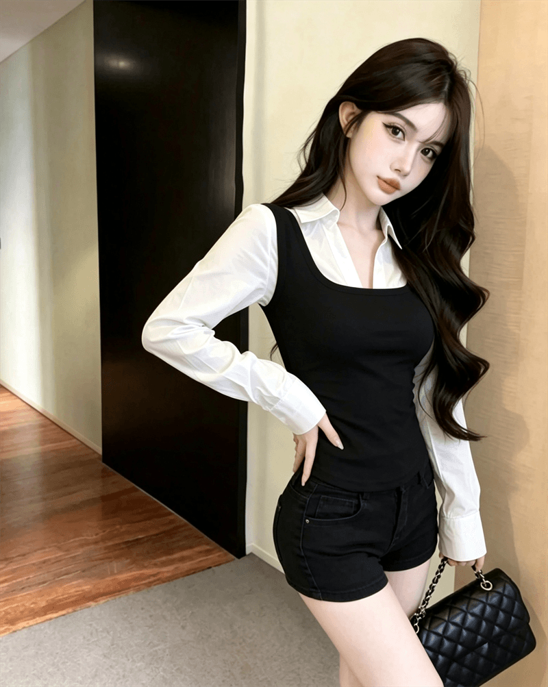 실사 봄 가을 한국 스타일 POLO 칼라 패치워크 조끼 몸매 가꾸기 페이크 레이어드 수 있습니다. 소금 수 있습니다. 달콤한 셔츠 소매 쇼트 스타일 티셔츠 상세 이미지 4