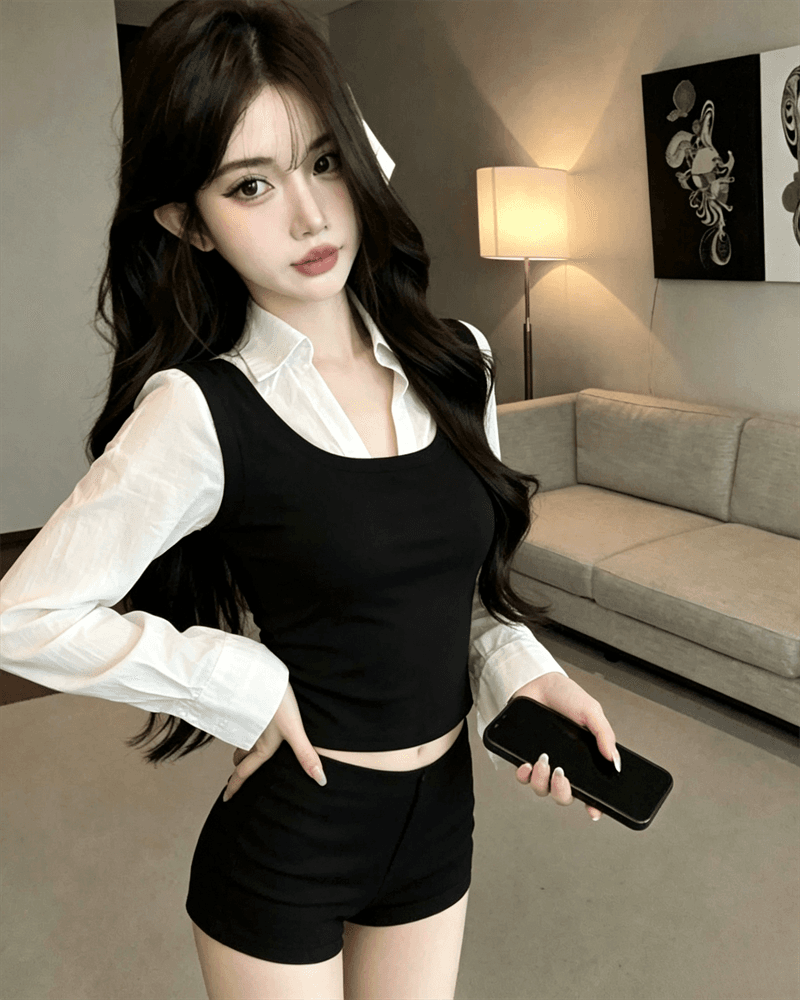실사 봄 가을 한국 스타일 POLO 칼라 패치워크 조끼 몸매 가꾸기 페이크 레이어드 수 있습니다. 소금 수 있습니다. 달콤한 셔츠 소매 쇼트 스타일 티셔츠 상세 이미지 5