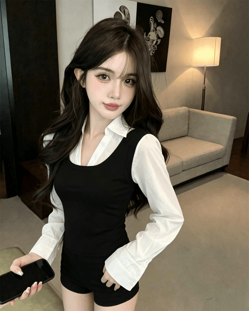 실사 봄 가을 한국 스타일 POLO 칼라 패치워크 조끼 몸매 가꾸기 페이크 레이어드 수 있습니다. 소금 수 있습니다. 달콤한 셔츠 소매 쇼트 스타일 티셔츠 상세 이미지 6