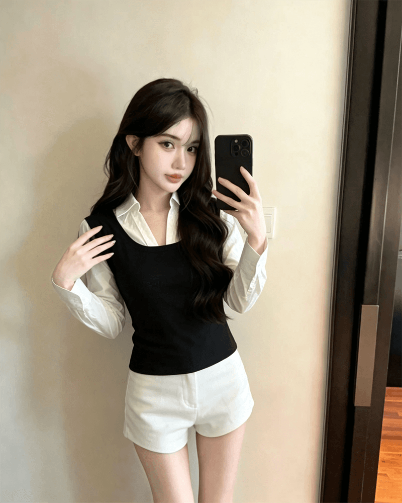 실사 봄 가을 한국 스타일 POLO 칼라 패치워크 조끼 몸매 가꾸기 페이크 레이어드 수 있습니다. 소금 수 있습니다. 달콤한 셔츠 소매 쇼트 스타일 티셔츠 상세 이미지 7