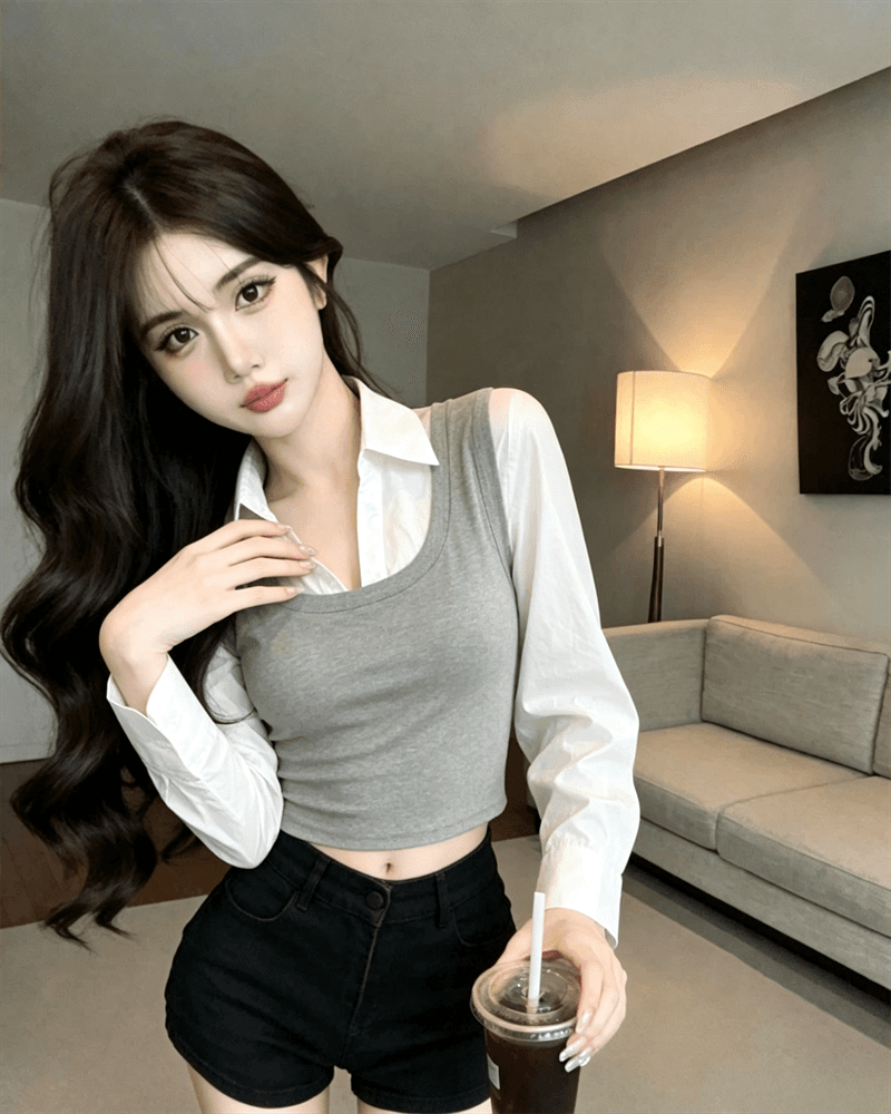 실사 봄 가을 한국 스타일 POLO 칼라 패치워크 조끼 몸매 가꾸기 페이크 레이어드 수 있습니다. 소금 수 있습니다. 달콤한 셔츠 소매 쇼트 스타일 티셔츠 상세 이미지 9