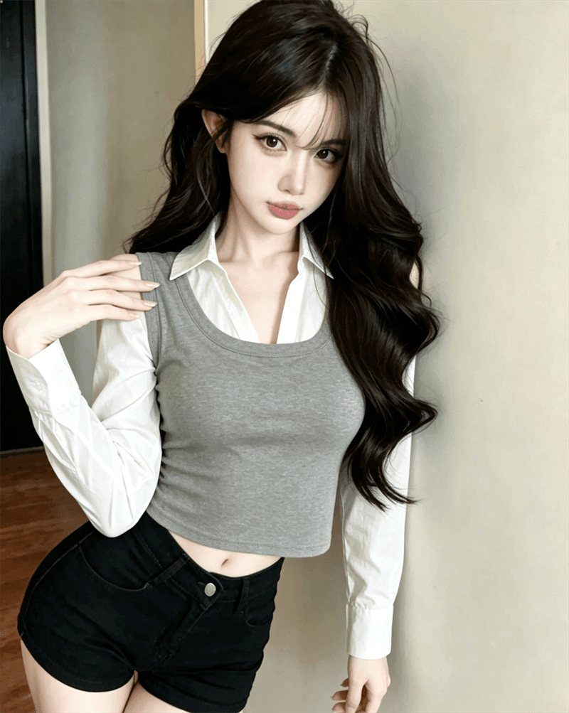 실사 봄 가을 한국 스타일 POLO 칼라 패치워크 조끼 몸매 가꾸기 페이크 레이어드 수 있습니다. 소금 수 있습니다. 달콤한 셔츠 소매 쇼트 스타일 티셔츠 상세 이미지 10