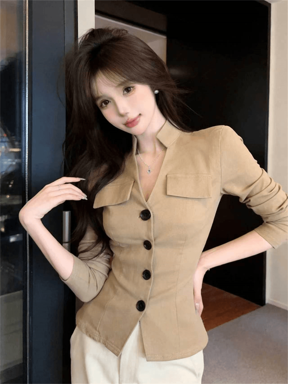 실사 가을 V넥 면 신축성 패치워크 새로운 중식 긴팔 몸매 가꾸기 핫걸 싱글 줄 버튼 쇼트 스타일 오픈 가디건 셔츠
