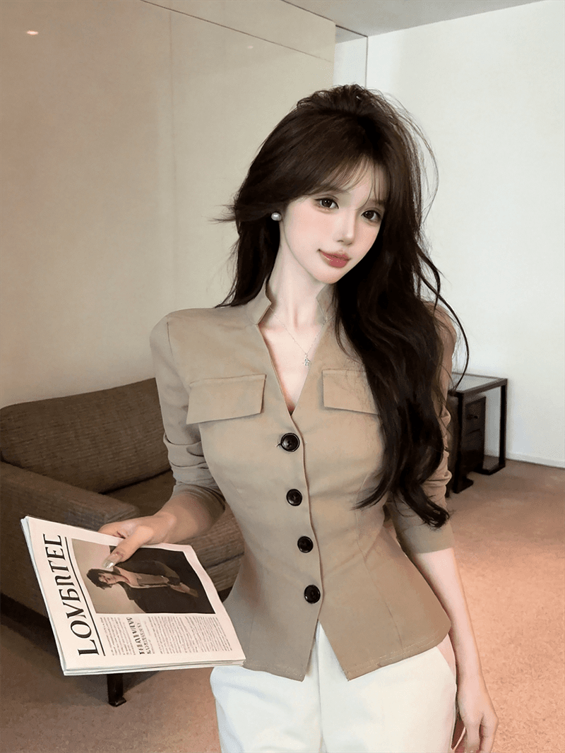 실사 가을 V넥 면 신축성 패치워크 새로운 중식 긴팔 몸매 가꾸기 핫걸 싱글 줄 버튼 쇼트 스타일 오픈 가디건 셔츠 상세 이미지 7