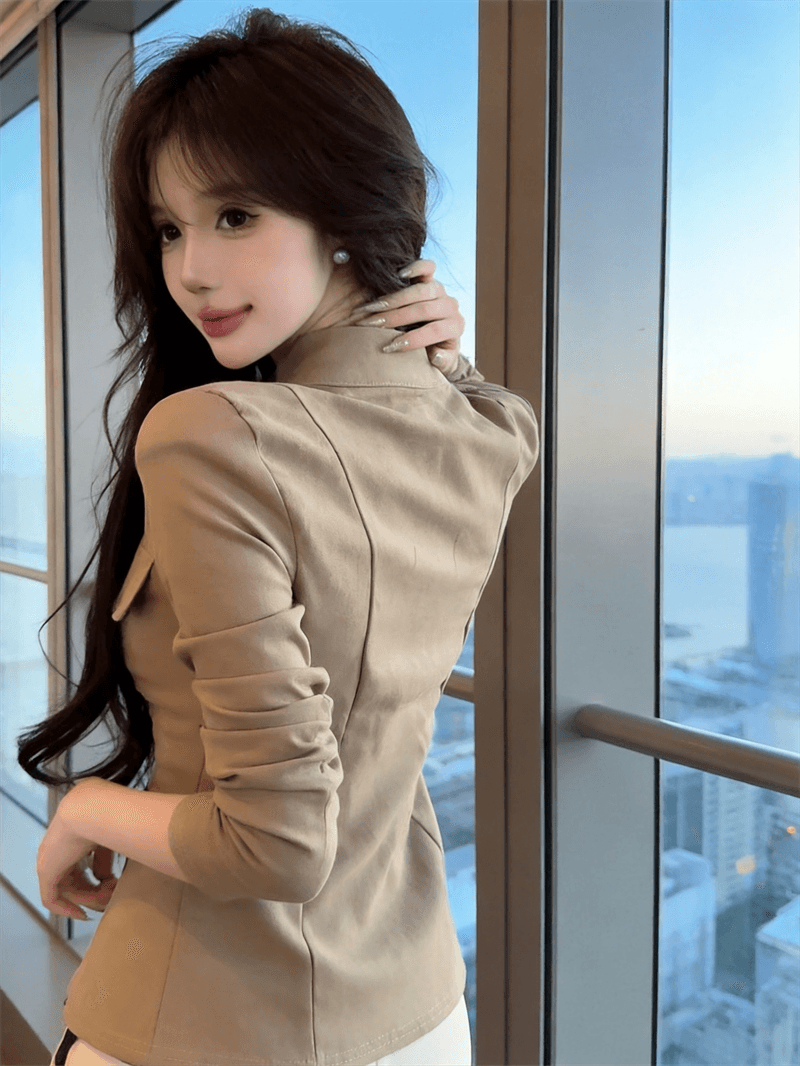 실사 가을 V넥 면 신축성 패치워크 새로운 중식 긴팔 몸매 가꾸기 핫걸 싱글 줄 버튼 쇼트 스타일 오픈 가디건 셔츠 상세 이미지 12