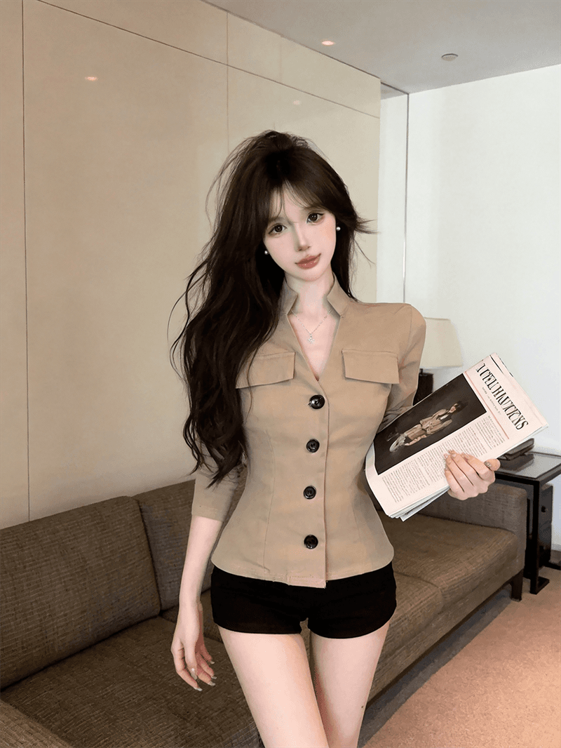 실사 가을 V넥 면 신축성 패치워크 새로운 중식 긴팔 몸매 가꾸기 핫걸 싱글 줄 버튼 쇼트 스타일 오픈 가디건 셔츠 상세 이미지 15