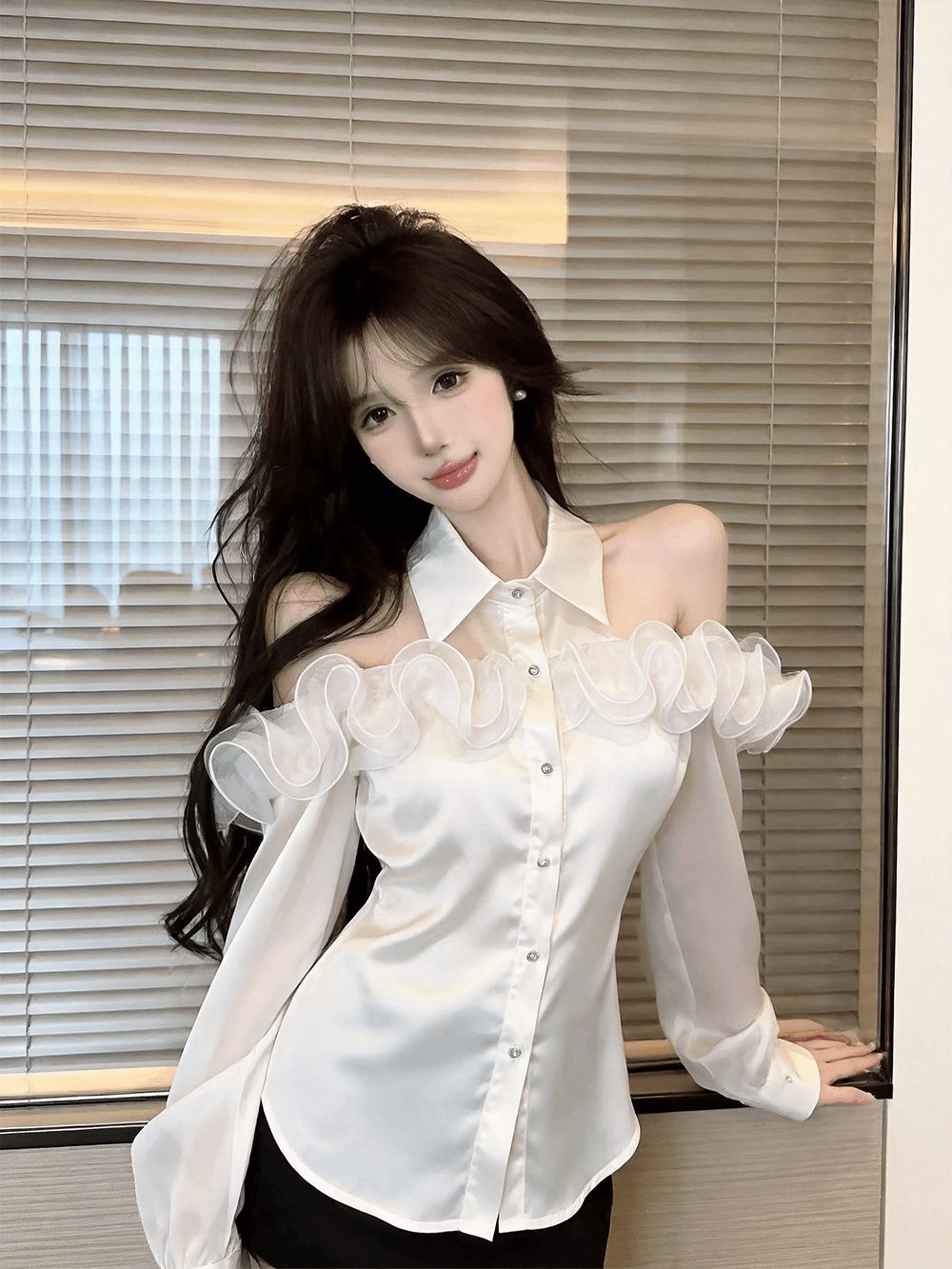 실사 봄 가을 프랑스식 섹시함 POLO 칼라 칼라 패치워크 꽃꽂이 루즈핏 불규칙 품격 싱글 줄 버튼 오픈 가디건 셔츠 이미지 2