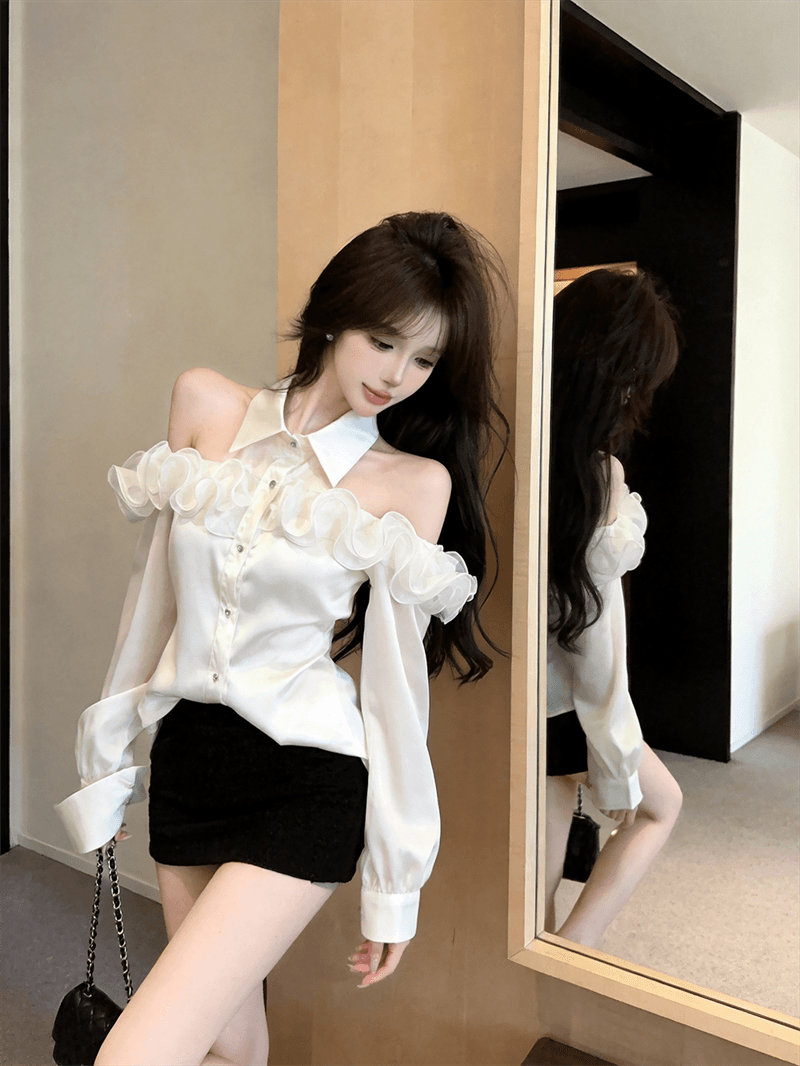 실사 봄 가을 프랑스식 섹시함 POLO 칼라 칼라 패치워크 꽃꽂이 루즈핏 불규칙 품격 싱글 줄 버튼 오픈 가디건 셔츠 상세 이미지 4