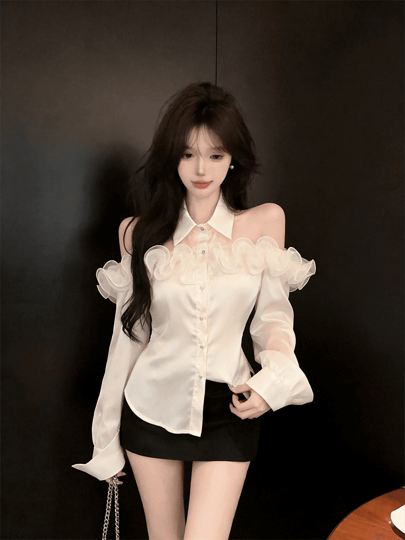 실사 봄 가을 프랑스식 섹시함 POLO 칼라 칼라 패치워크 꽃꽂이 루즈핏 불규칙 품격 싱글 줄 버튼 오픈 가디건 셔츠 상세 이미지 6