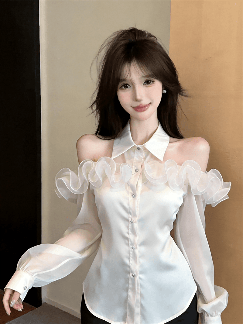 실사 봄 가을 프랑스식 섹시함 POLO 칼라 칼라 패치워크 꽃꽂이 루즈핏 불규칙 품격 싱글 줄 버튼 오픈 가디건 셔츠 상세 이미지 10