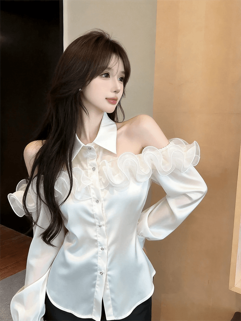 실사 봄 가을 프랑스식 섹시함 POLO 칼라 칼라 패치워크 꽃꽂이 루즈핏 불규칙 품격 싱글 줄 버튼 오픈 가디건 셔츠 상세 이미지 13