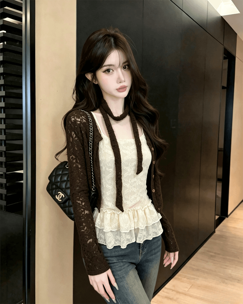 실사 가을 달콤함 레이스 긴팔 몸매 가꾸기 오픈 가디건 티셔츠 품격 슬립 투피스 세트 상세 이미지 1