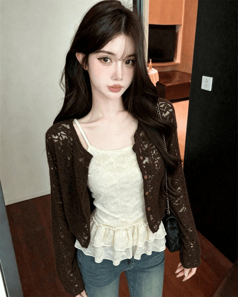 실사 가을 달콤함 레이스 긴팔 몸매 가꾸기 오픈 가디건 티셔츠 품격 슬립 투피스 세트 상세 이미지 2