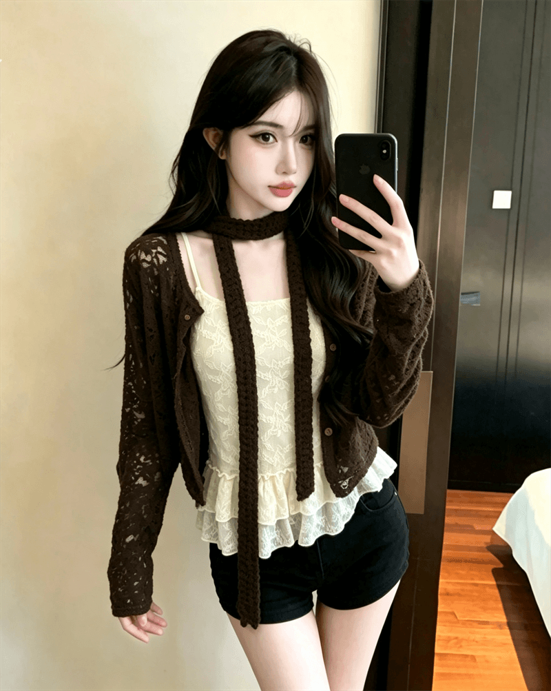 실사 가을 달콤함 레이스 긴팔 몸매 가꾸기 오픈 가디건 티셔츠 품격 슬립 투피스 세트 상세 이미지 6