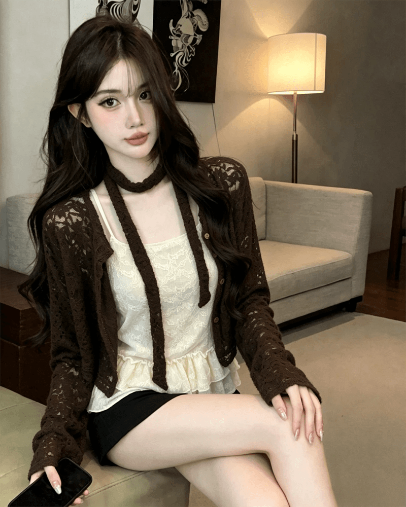 실사 가을 달콤함 레이스 긴팔 몸매 가꾸기 오픈 가디건 티셔츠 품격 슬립 투피스 세트 상세 이미지 9