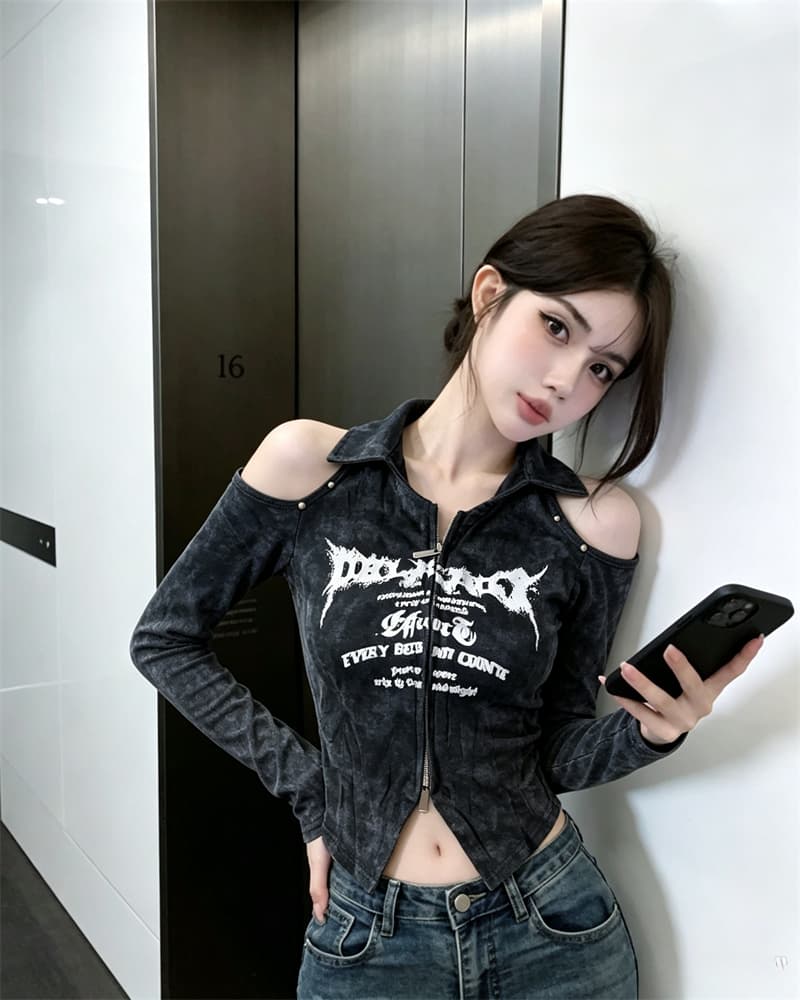 실사 봄 가을 라운드 넥 패치워크 무거운 작업 지퍼 섹션 몸매 가꾸기 디자인 센스 알파벳 쇼트 스타일 염색 핫걸 풀오버 티셔츠 상세 이미지 5