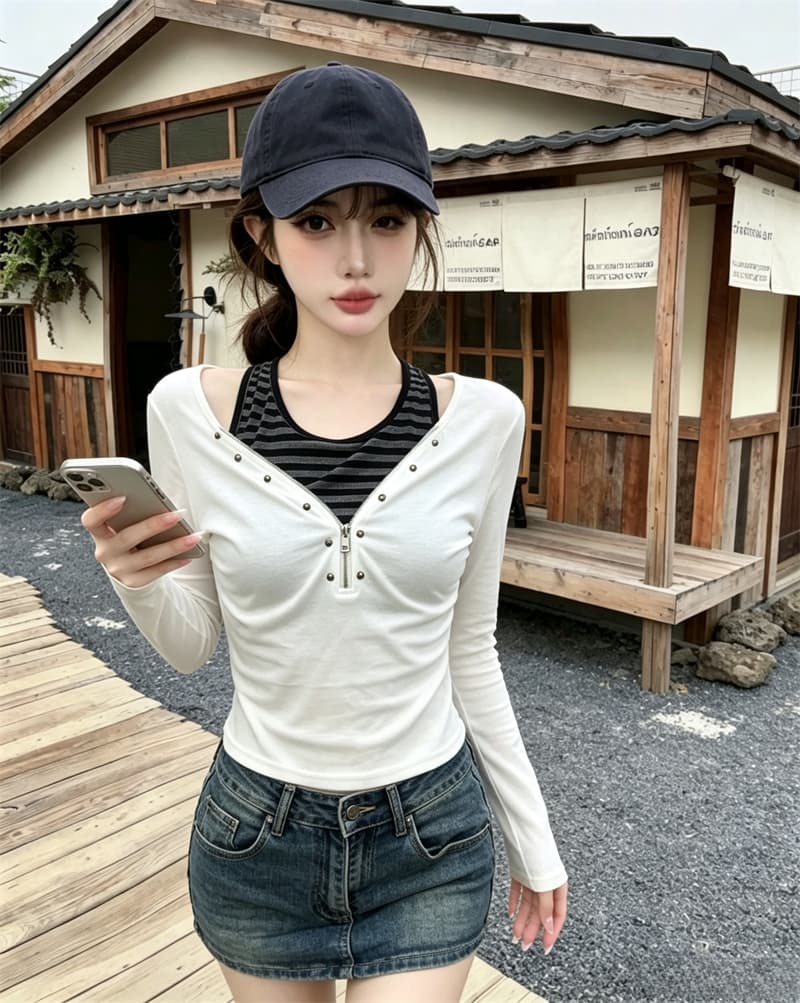 실사 가을 한국 스타일 반 개방 칼라 패치워크 당겨서 사슬 몸매 가꾸기 배색 핫걸 쇼트 스타일 풀오버 캐주얼 티셔츠 상세 이미지 3