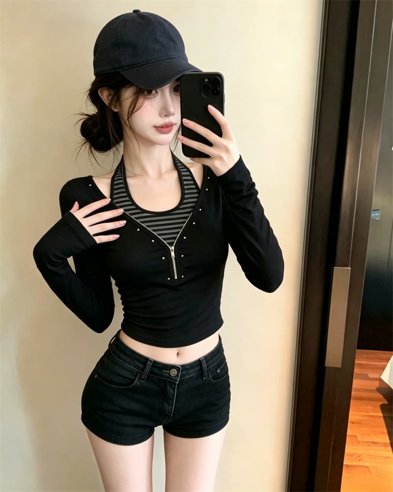 실사 가을 한국 스타일 반 개방 칼라 패치워크 당겨서 사슬 몸매 가꾸기 배색 핫걸 쇼트 스타일 풀오버 캐주얼 티셔츠