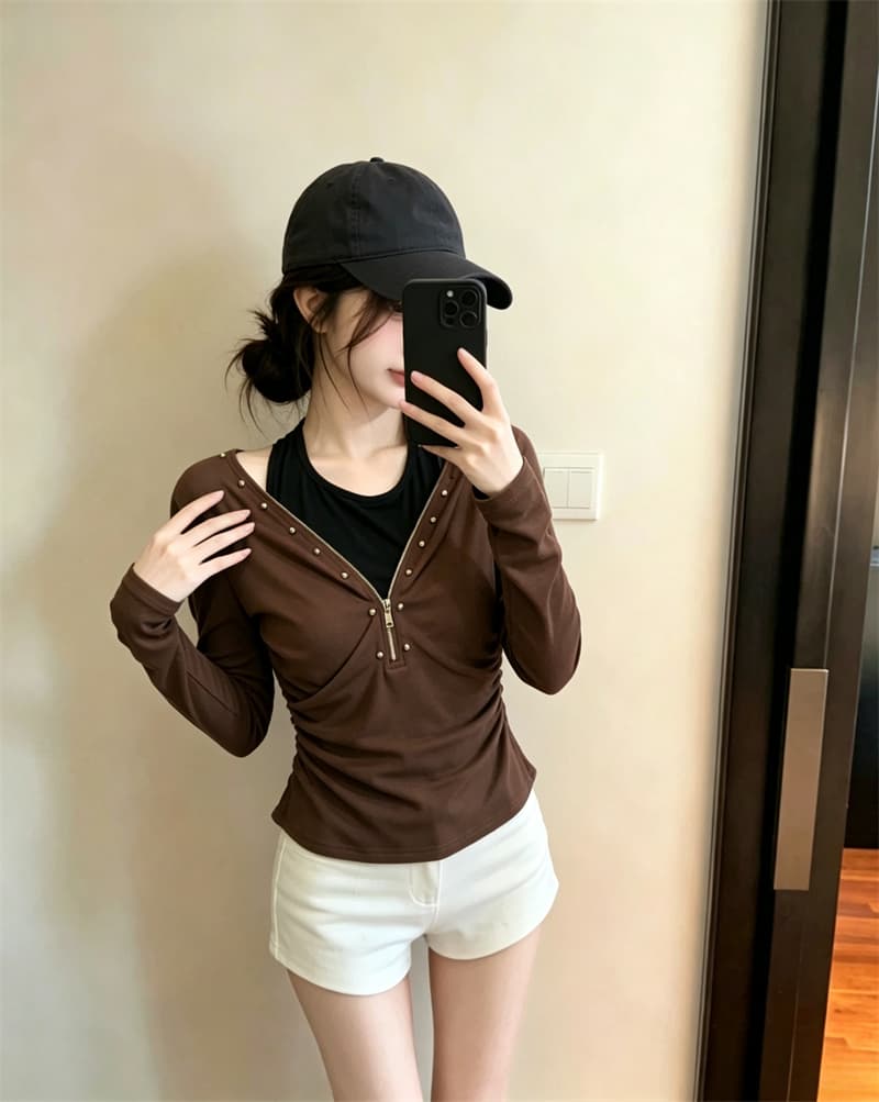 실사 가을 한국 스타일 반 개방 칼라 패치워크 당겨서 사슬 몸매 가꾸기 배색 핫걸 쇼트 스타일 풀오버 캐주얼 티셔츠 이미지 2