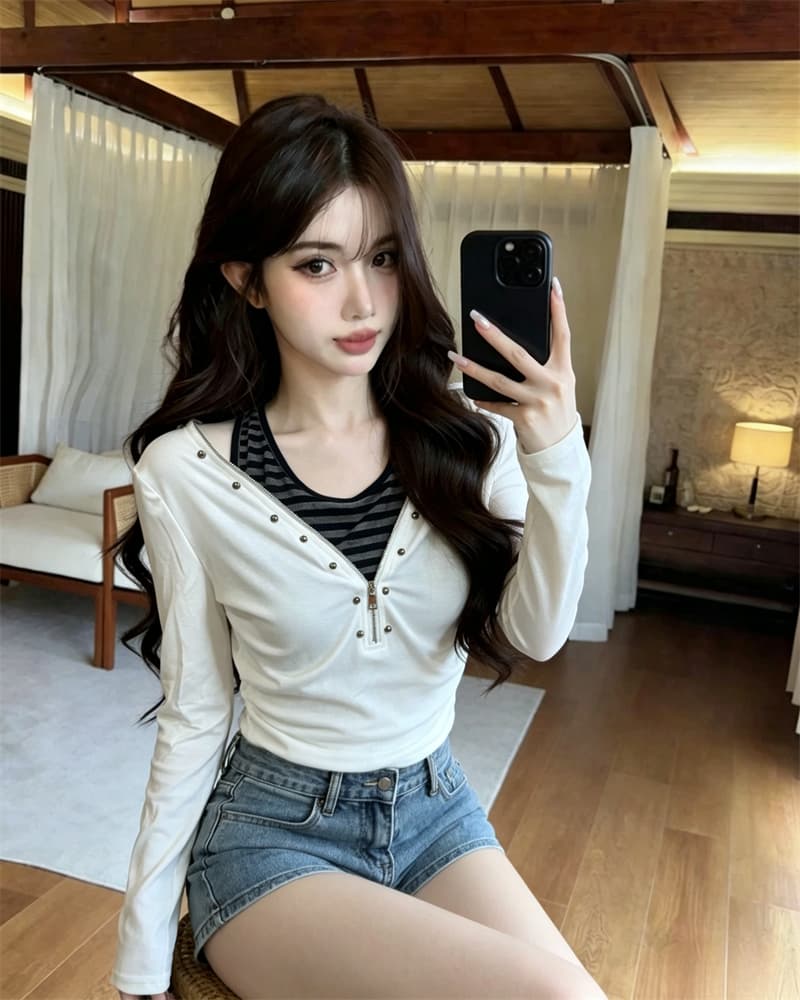 실사 가을 한국 스타일 반 개방 칼라 패치워크 당겨서 사슬 몸매 가꾸기 배색 핫걸 쇼트 스타일 풀오버 캐주얼 티셔츠 이미지 3