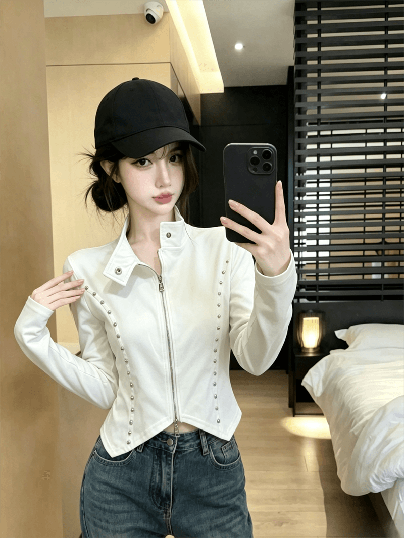 실사 봄 가을 한국 스타일 스탠드 칼라 패치워크 긴팔 무거운 작업 지퍼 섹션 몸매 가꾸기 불규칙 쇼트 스타일 핫걸 오픈 가디건 티셔츠 상세 이미지 4