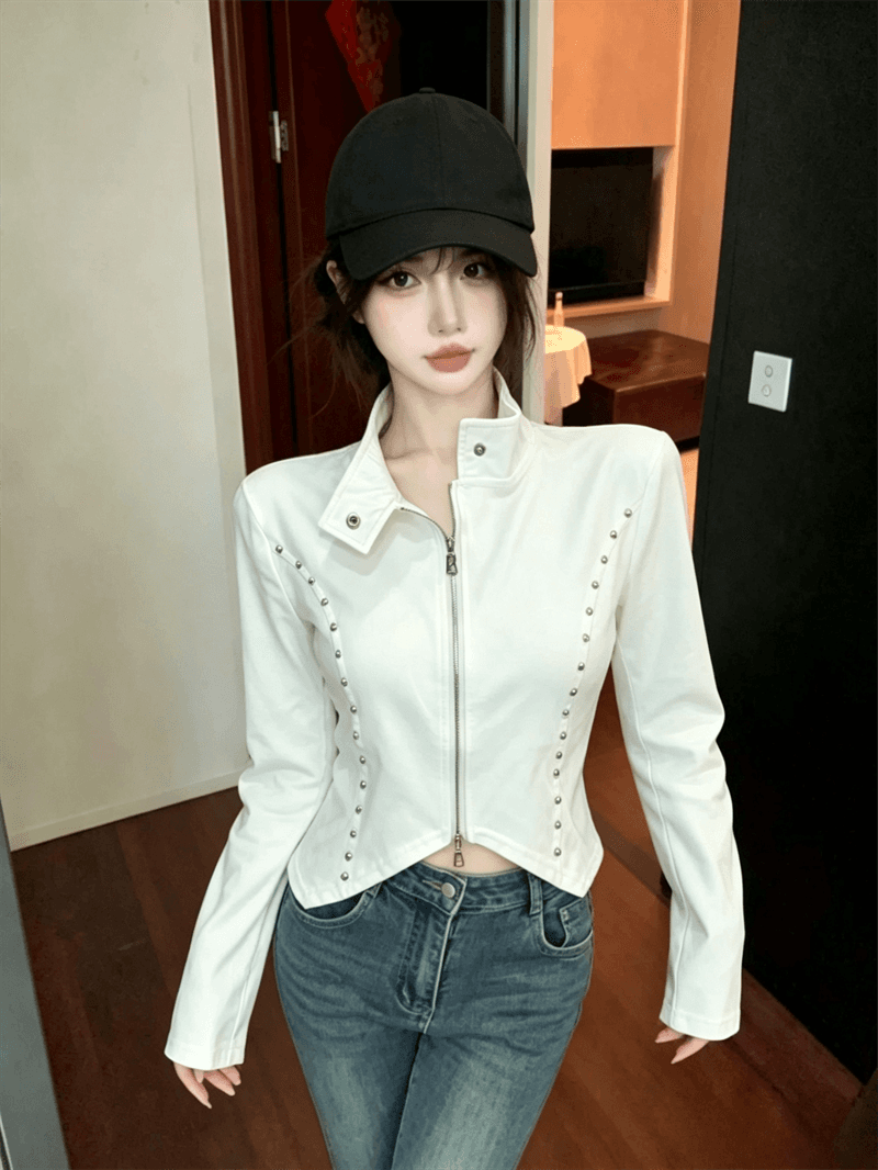 실사 봄 가을 한국 스타일 스탠드 칼라 패치워크 긴팔 무거운 작업 지퍼 섹션 몸매 가꾸기 불규칙 쇼트 스타일 핫걸 오픈 가디건 티셔츠 상세 이미지 8
