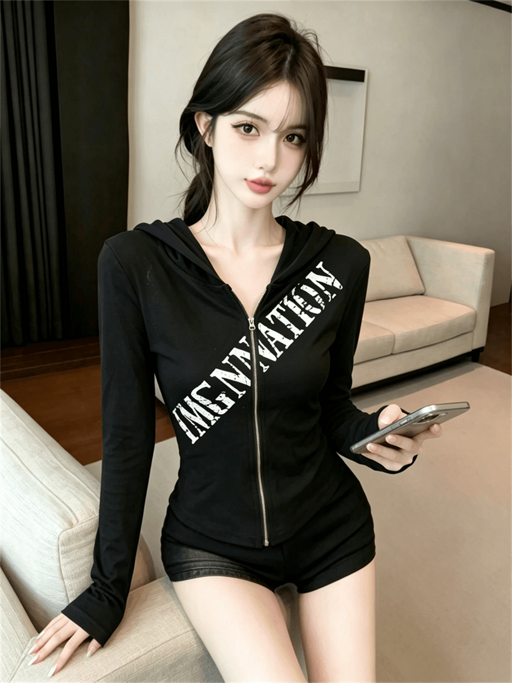 실사 봄 가을 한국 스타일 후드 패치워크 긴팔 무거운 작업 지퍼 섹션 몸매 가꾸기 디자인 센스 쇼트 스타일 핫걸 오픈 가디건 티셔츠 이미지 3