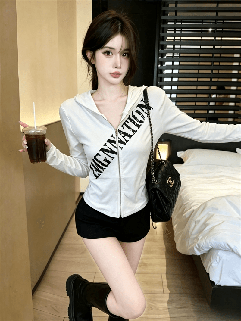 실사 봄 가을 한국 스타일 후드 패치워크 긴팔 무거운 작업 지퍼 섹션 몸매 가꾸기 디자인 센스 쇼트 스타일 핫걸 오픈 가디건 티셔츠 상세 이미지 4