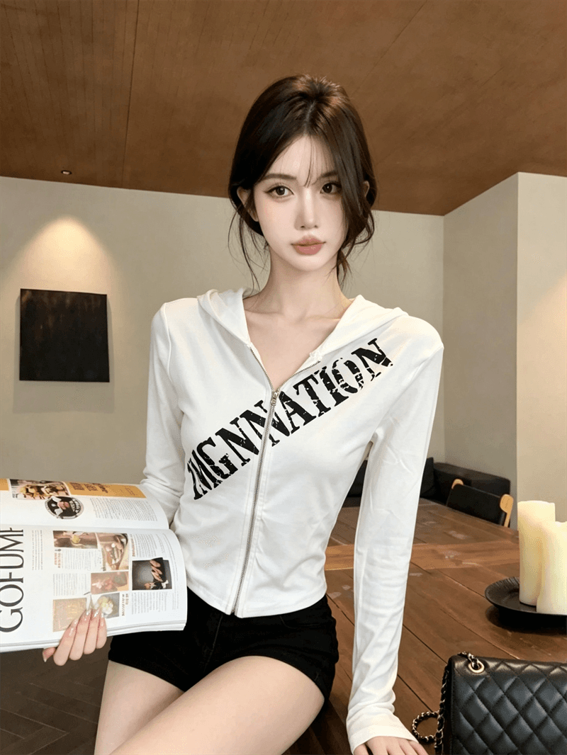 실사 봄 가을 한국 스타일 후드 패치워크 긴팔 무거운 작업 지퍼 섹션 몸매 가꾸기 디자인 센스 쇼트 스타일 핫걸 오픈 가디건 티셔츠 상세 이미지 8