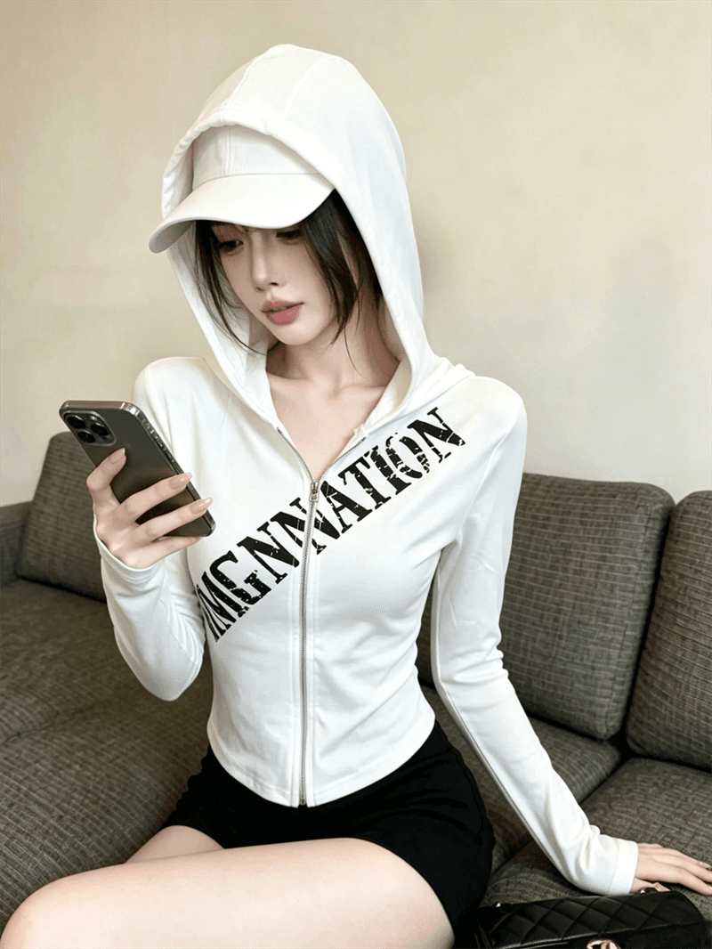실사 봄 가을 한국 스타일 후드 패치워크 긴팔 무거운 작업 지퍼 섹션 몸매 가꾸기 디자인 센스 쇼트 스타일 핫걸 오픈 가디건 티셔츠 상세 이미지 9
